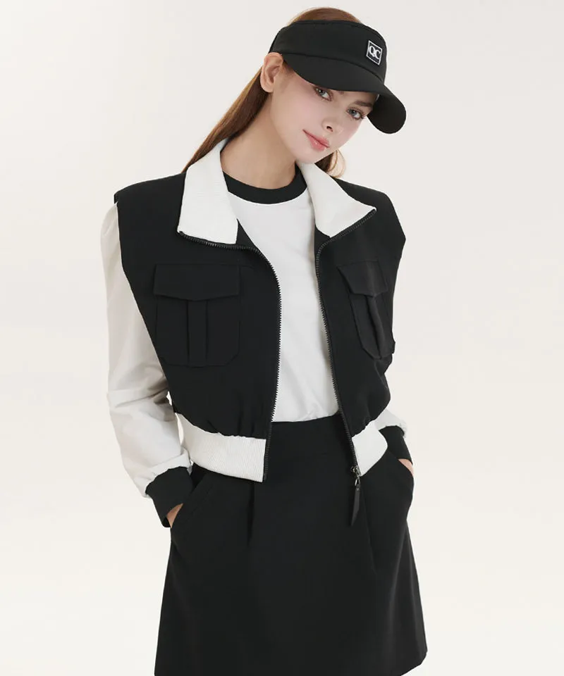 Q.C PLAY: Pintuck Pocket Shirring Zip-up  Vest - Black