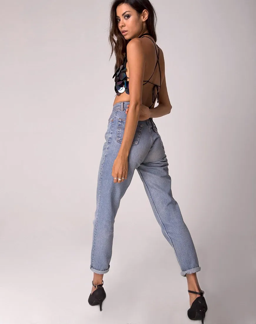 Queenz Crop Top in Big Disc Sequin Petrol
