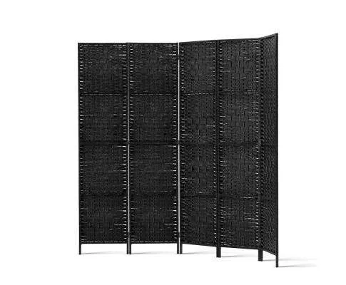 Rattan 4 Panel Foldable Wooden Room Divider - Black