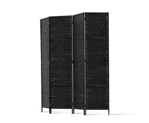 Rattan 4 Panel Foldable Wooden Room Divider - Black