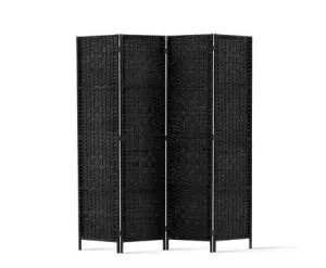 Rattan 4 Panel Foldable Wooden Room Divider - Black