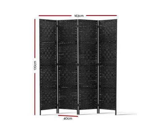Rattan 4 Panel Foldable Wooden Room Divider - Black