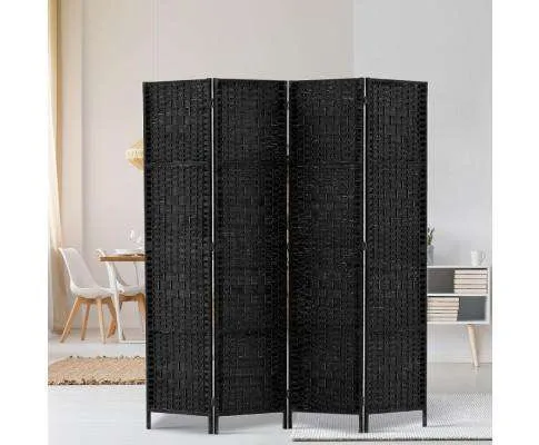 Rattan 4 Panel Foldable Wooden Room Divider - Black
