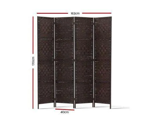 Rattan 4 Panel Foldable Wooden Room Divider - Brown