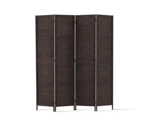 Rattan 4 Panel Foldable Wooden Room Divider - Brown