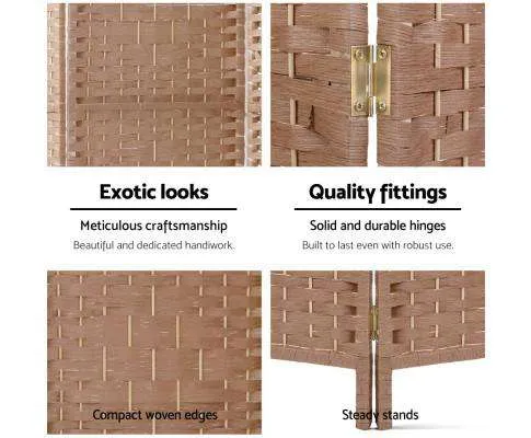 Rattan 4 Panel Foldable Wooden Room Divider - Brown