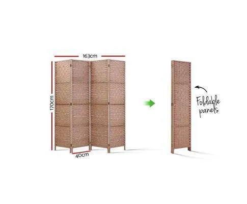 Rattan 4 Panel Foldable Wooden Room Divider - Brown