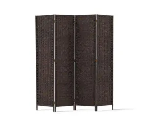 Rattan 4 Panel Foldable Wooden Room Divider - Brown