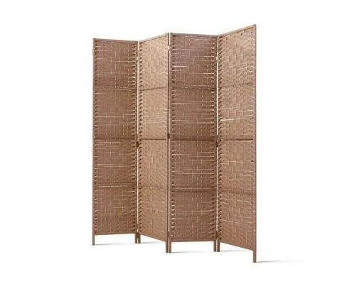 Rattan 4 Panel Foldable Wooden Room Divider - Brown