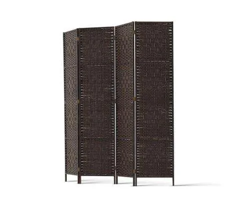 Rattan 4 Panel Foldable Wooden Room Divider - Brown