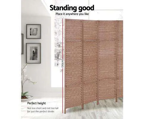 Rattan 4 Panel Foldable Wooden Room Divider - Brown