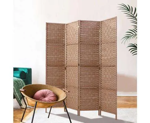 Rattan 4 Panel Foldable Wooden Room Divider - Brown