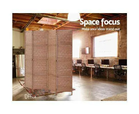 Rattan 4 Panel Foldable Wooden Room Divider - Brown