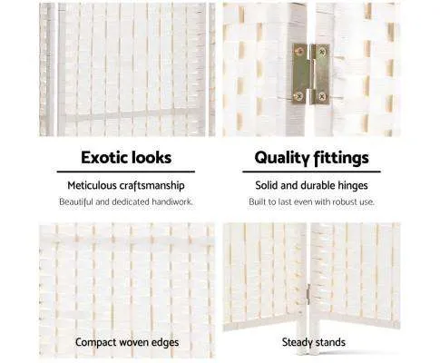 Rattan 4 Panel Foldable Wooden Room Divider - White