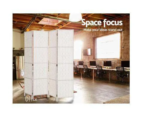 Rattan 4 Panel Foldable Wooden Room Divider - White