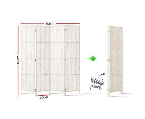 Rattan 4 Panel Foldable Wooden Room Divider - White