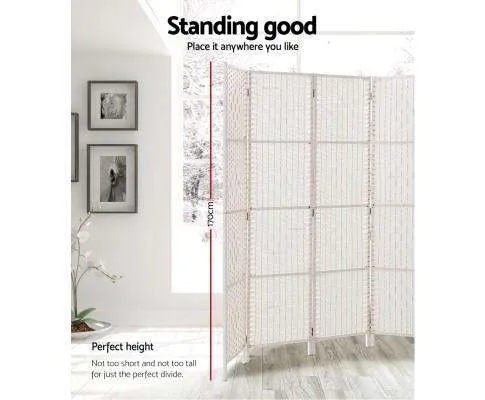 Rattan 4 Panel Foldable Wooden Room Divider - White