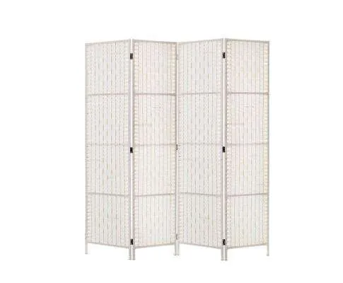 Rattan 4 Panel Foldable Wooden Room Divider - White