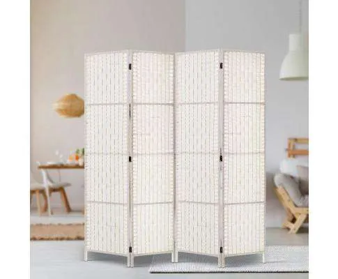 Rattan 4 Panel Foldable Wooden Room Divider - White