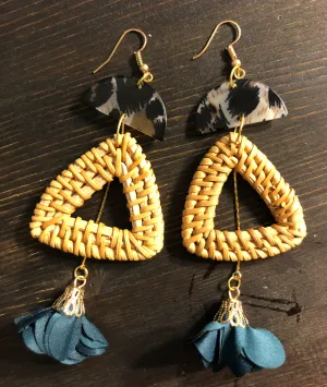 Rattan and Cloth Fan Drop Earrings