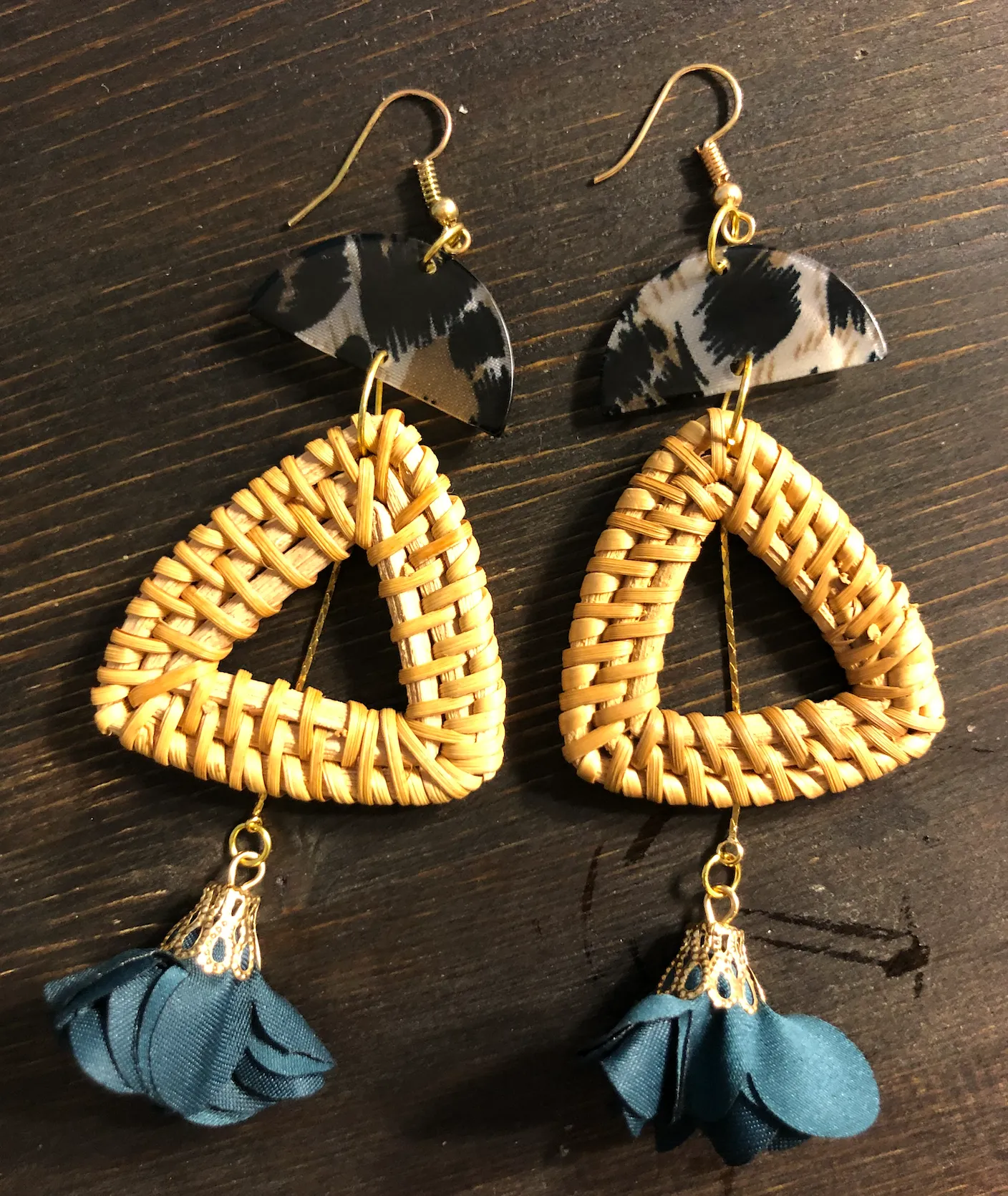 Rattan and Cloth Fan Drop Earrings