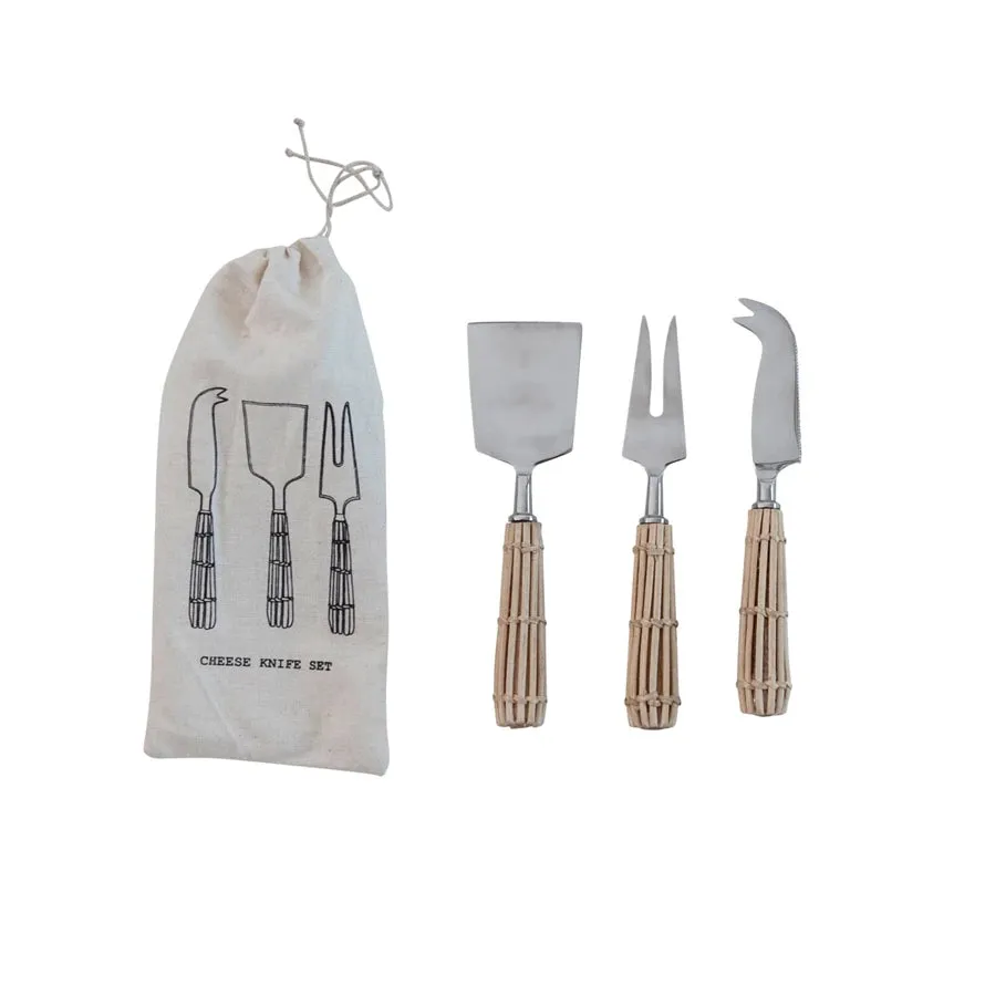 Rattan Handled Cheese Knives Set