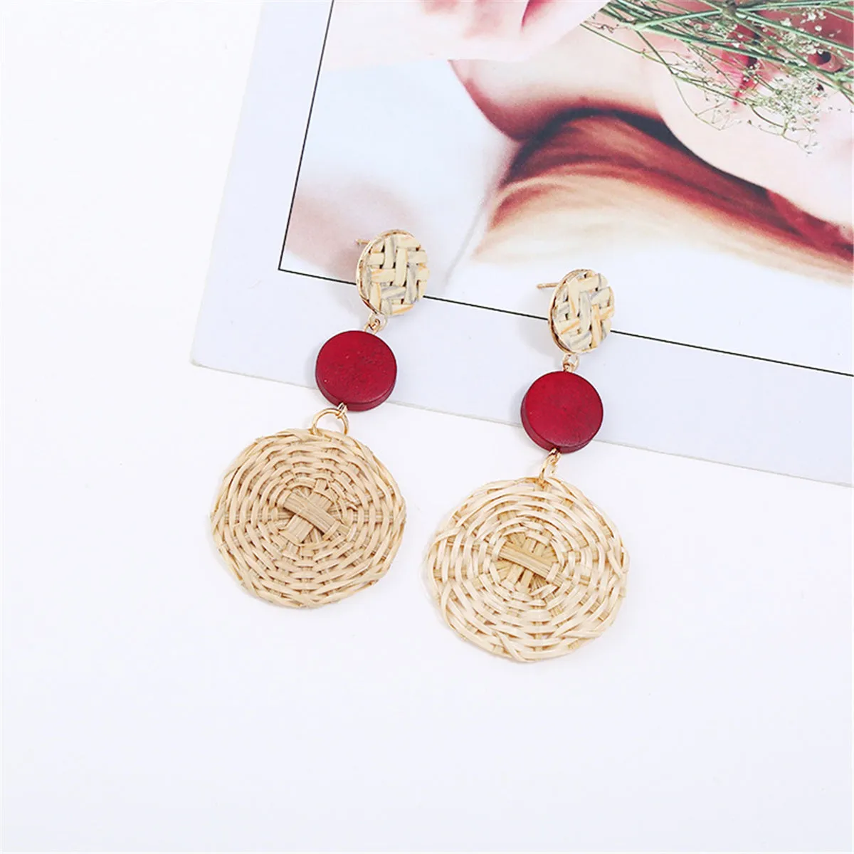 Red & Rattan Tiered Circle Drop Earrings