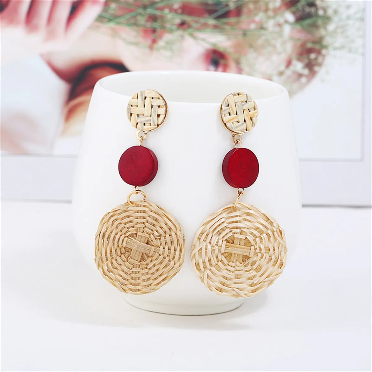 Red & Rattan Tiered Circle Drop Earrings