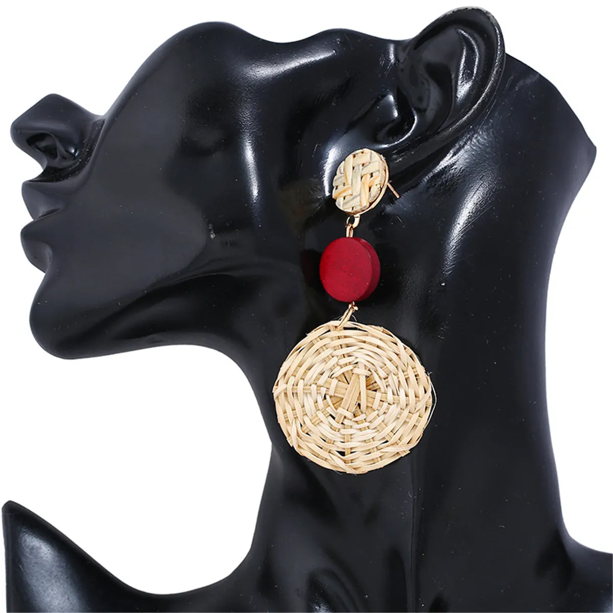 Red & Rattan Tiered Circle Drop Earrings