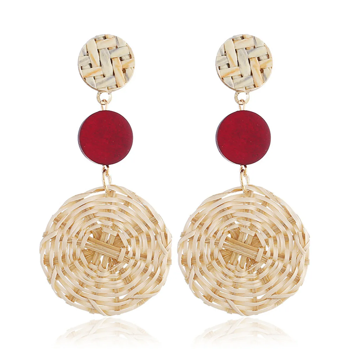 Red & Rattan Tiered Circle Drop Earrings