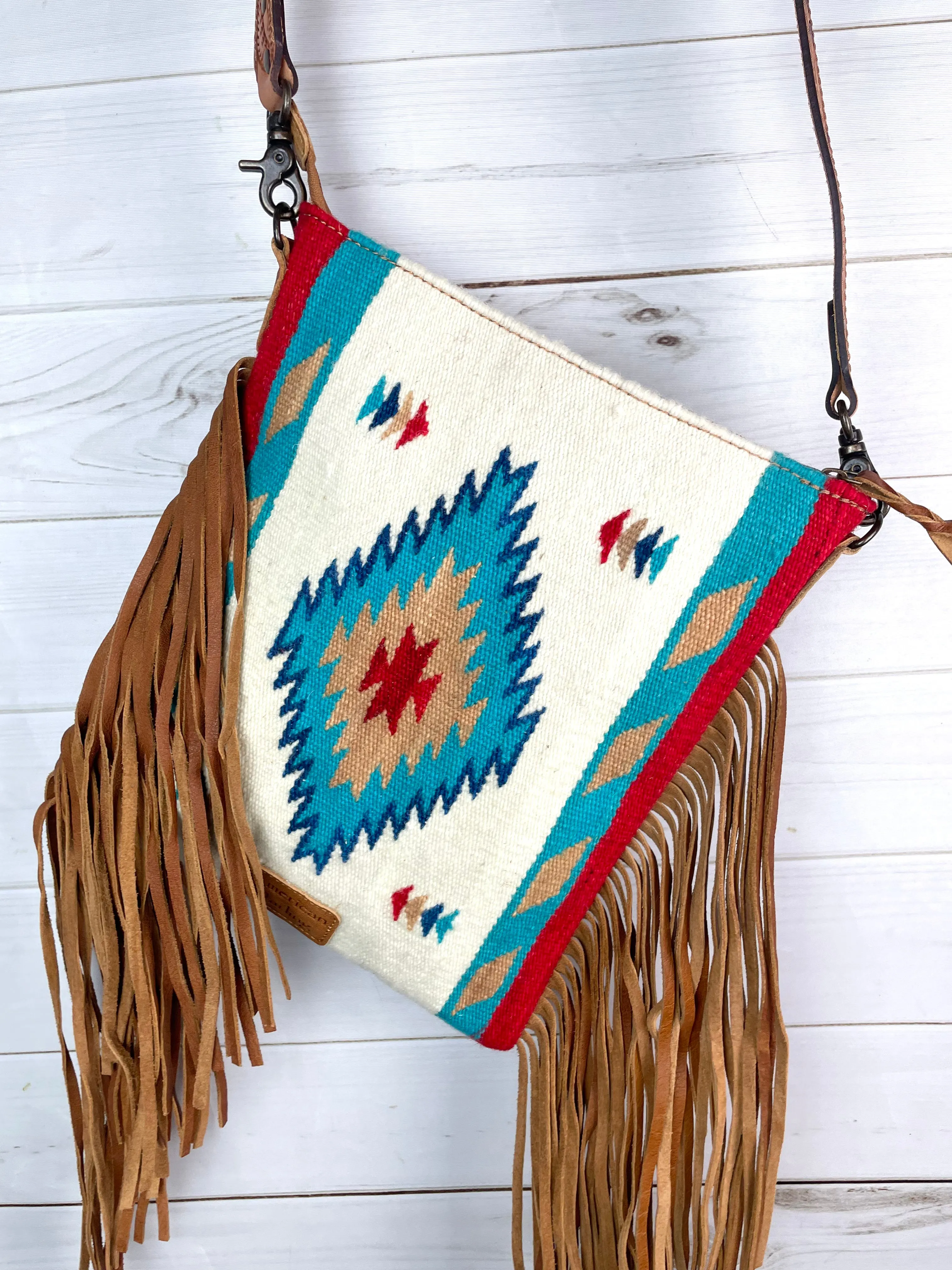 Red Tan Teal Wool Leather Tooled Fringe Handbag