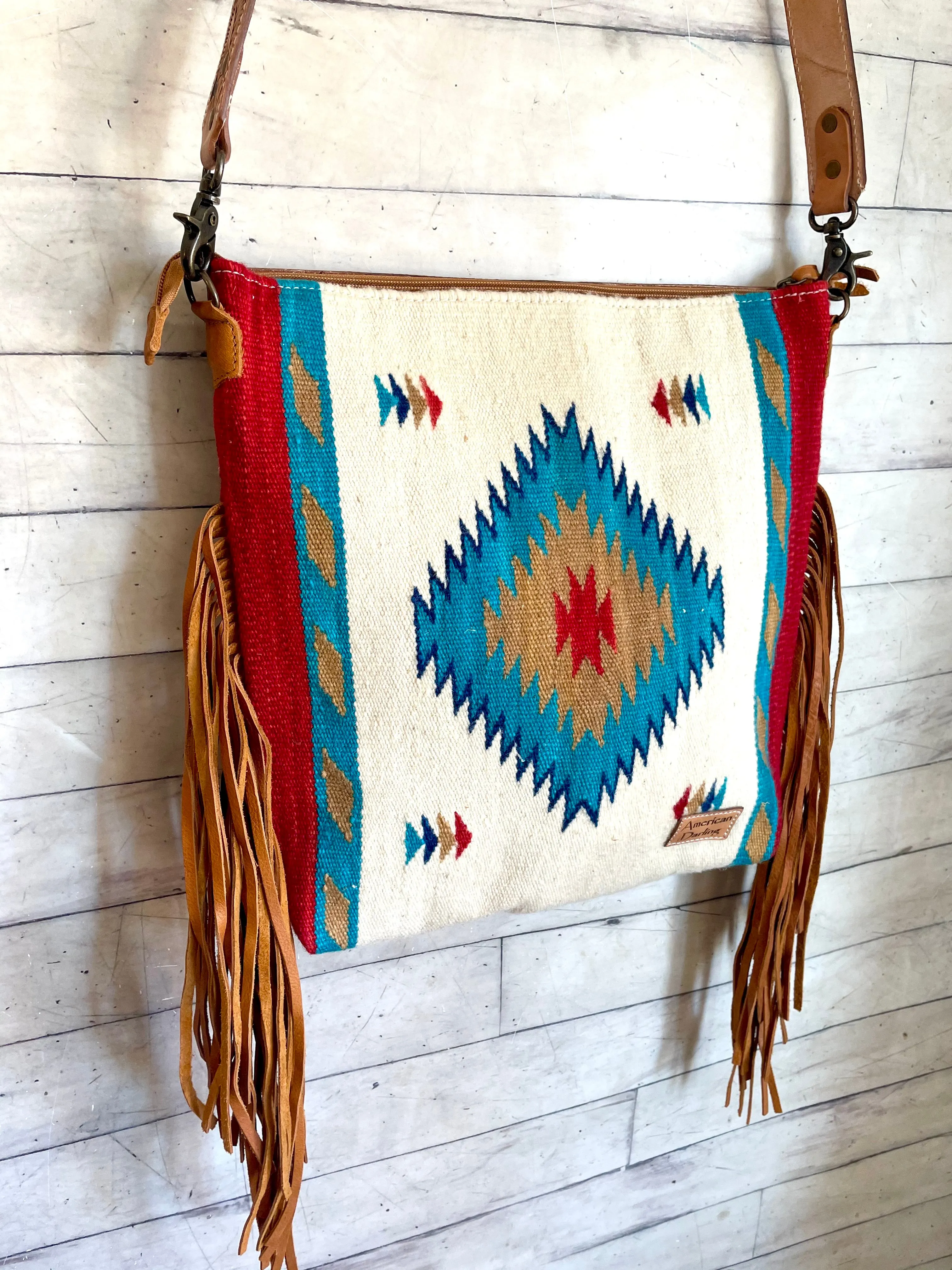 Red Tan Teal Wool Leather Tooled Fringe Handbag