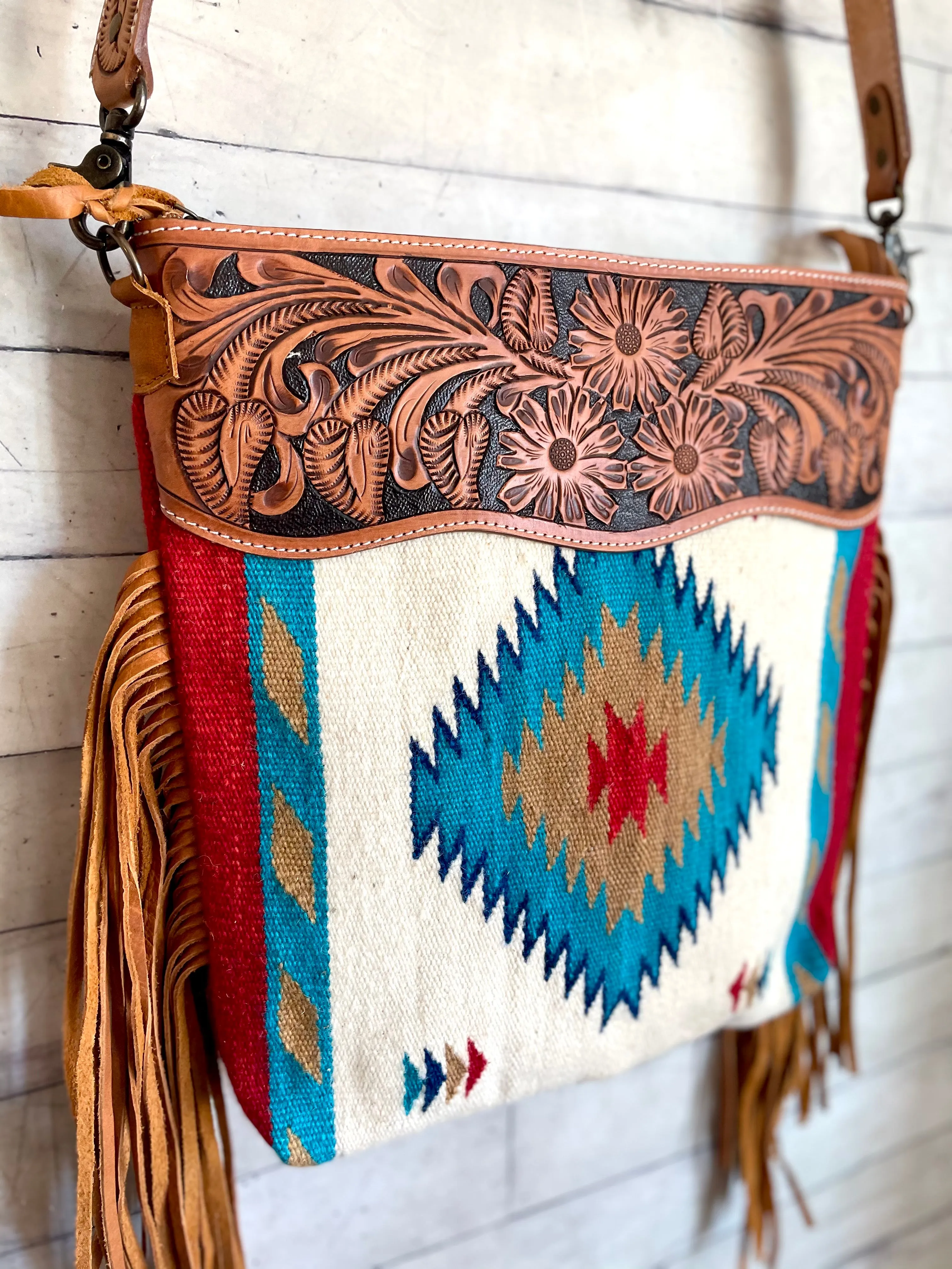 Red Tan Teal Wool Leather Tooled Fringe Handbag