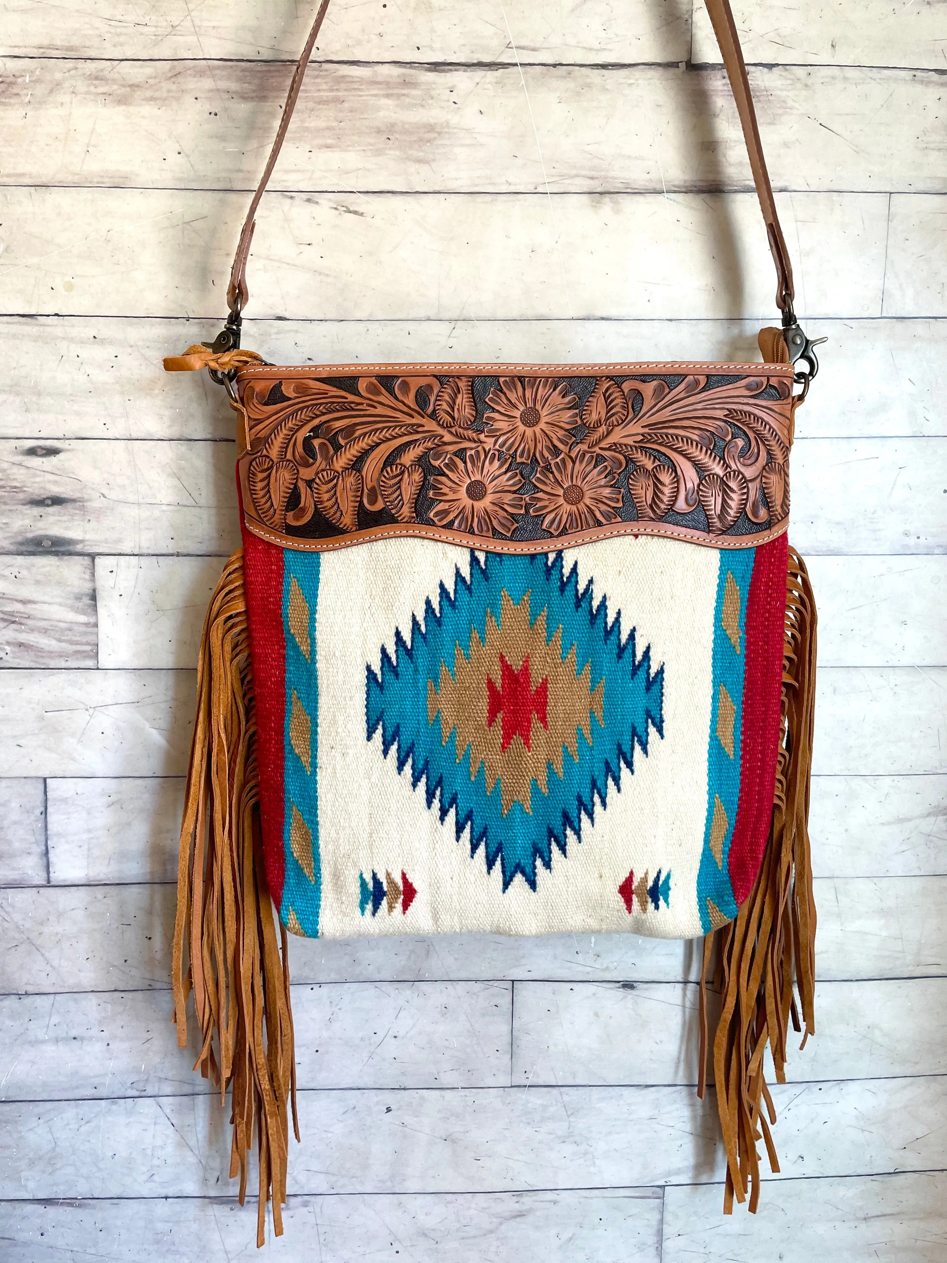 Red Tan Teal Wool Leather Tooled Fringe Handbag