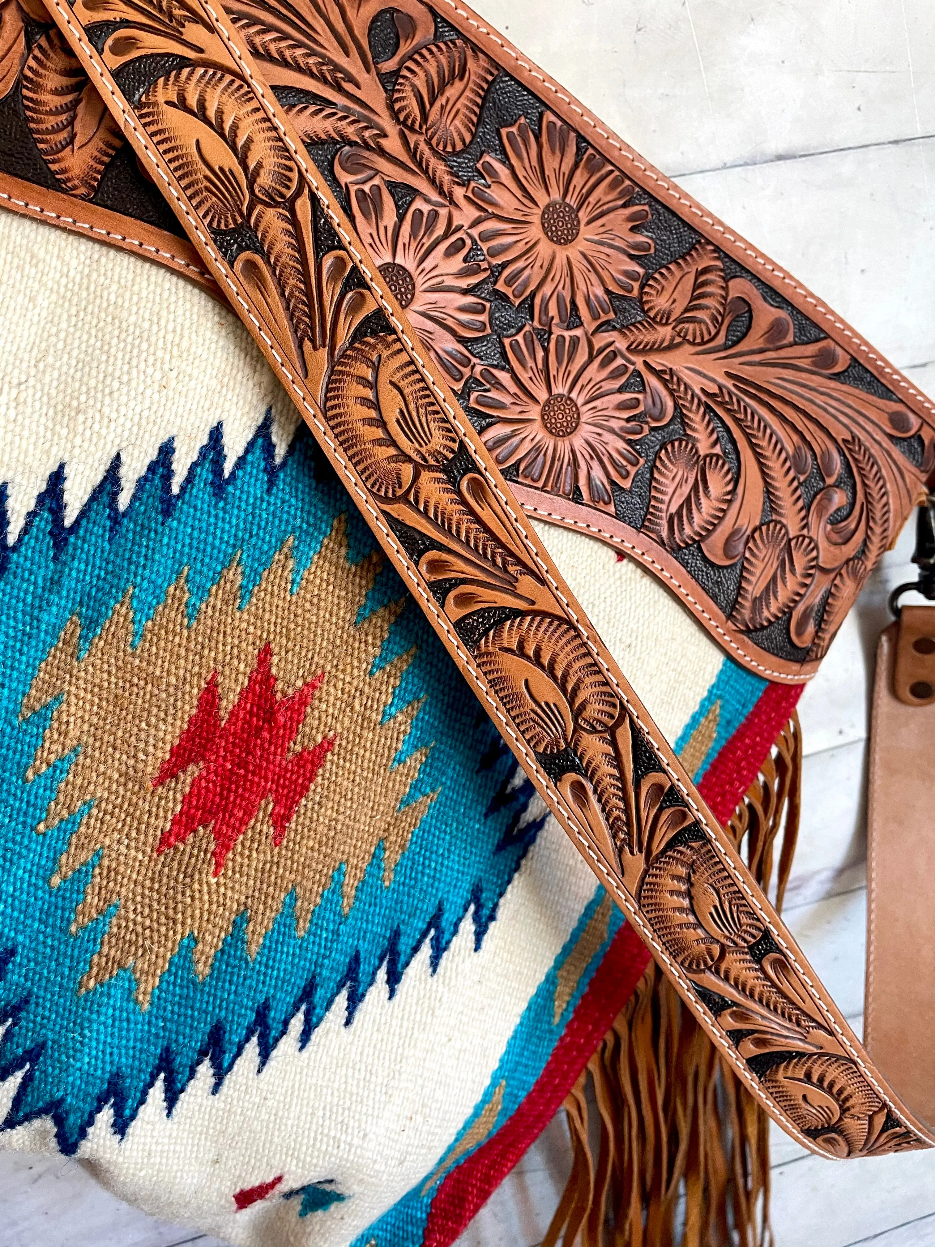 Red Tan Teal Wool Leather Tooled Fringe Handbag