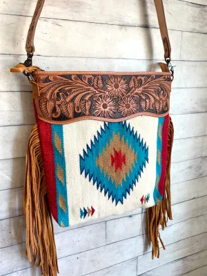 Red Tan Teal Wool Leather Tooled Fringe Handbag