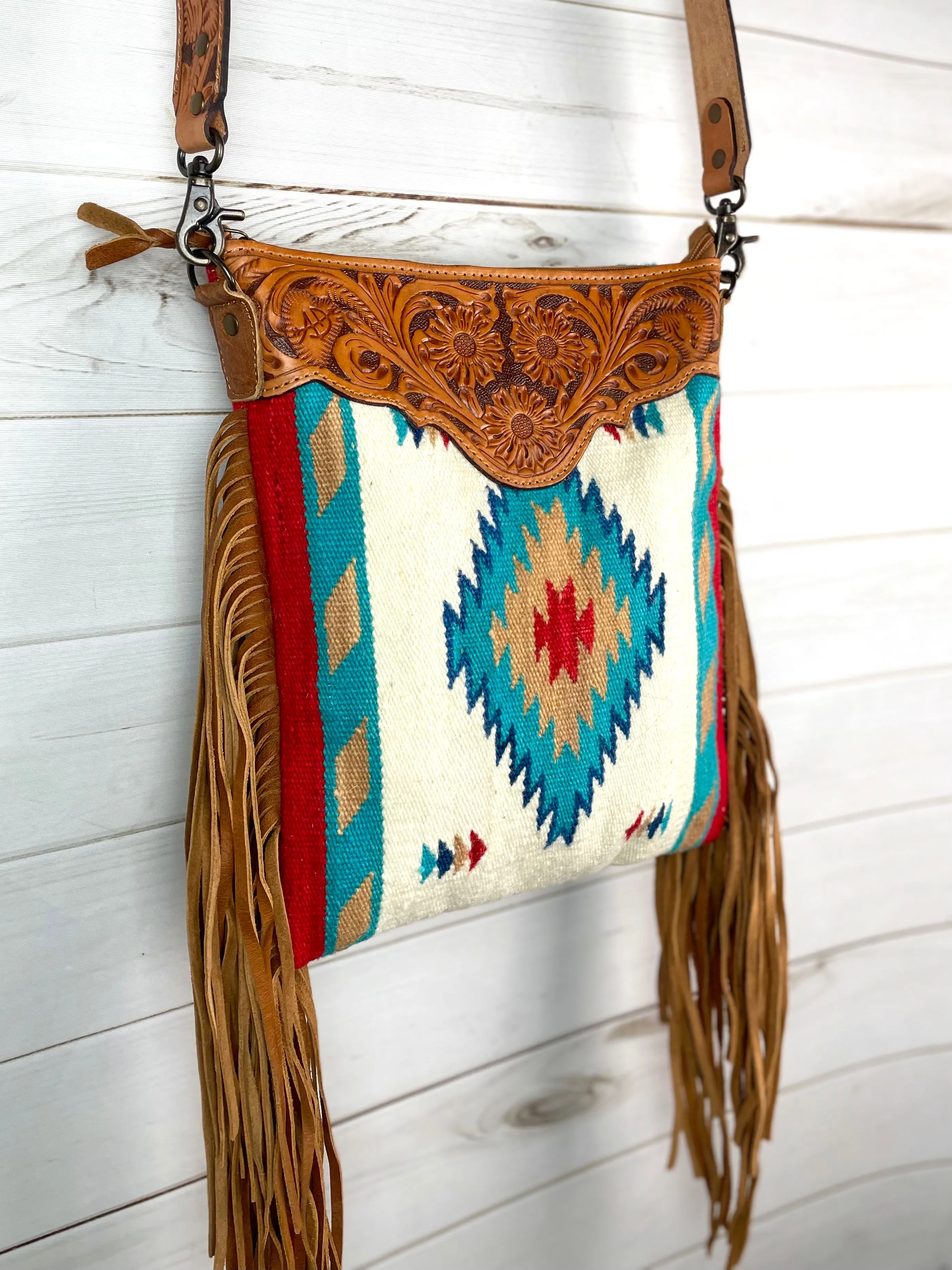 Red Tan Teal Wool Leather Tooled Fringe Handbag