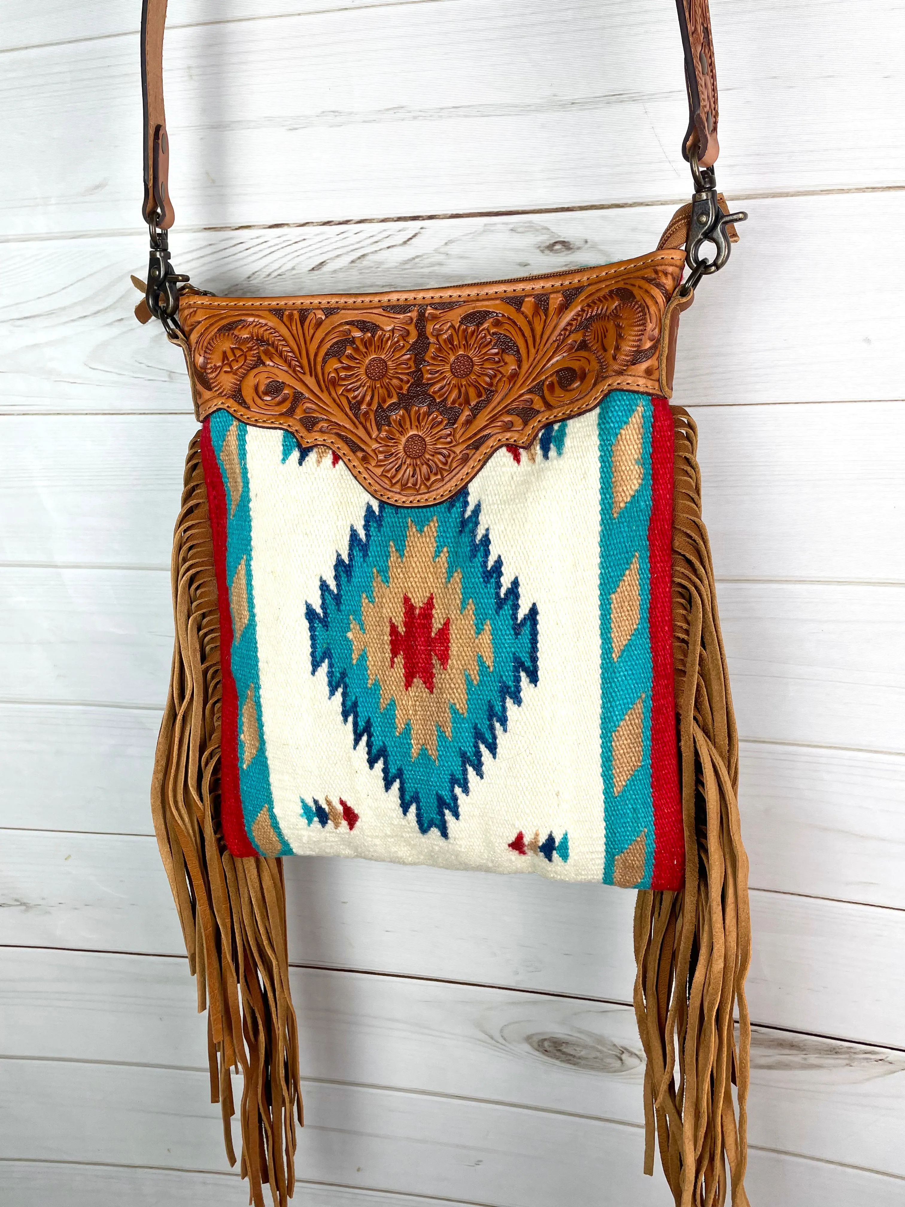 Red Tan Teal Wool Leather Tooled Fringe Handbag