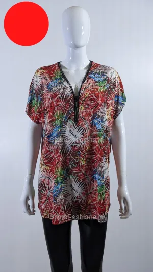 Red Tropical Print Loose Zip Top