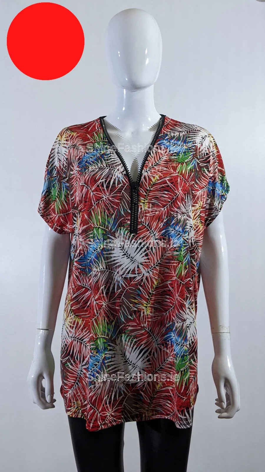 Red Tropical Print Loose Zip Top
