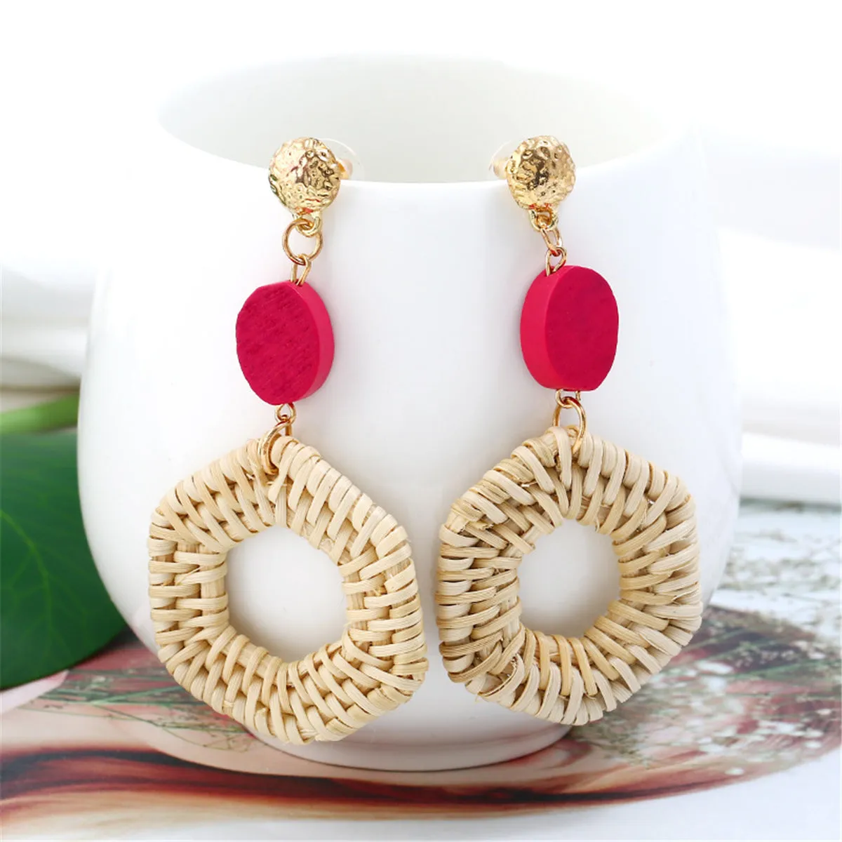 Red Wood & Rattan Hexagonal Drop Earrings