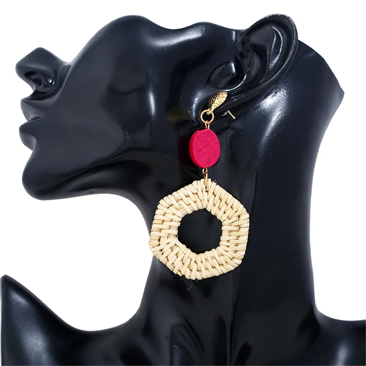Red Wood & Rattan Hexagonal Drop Earrings