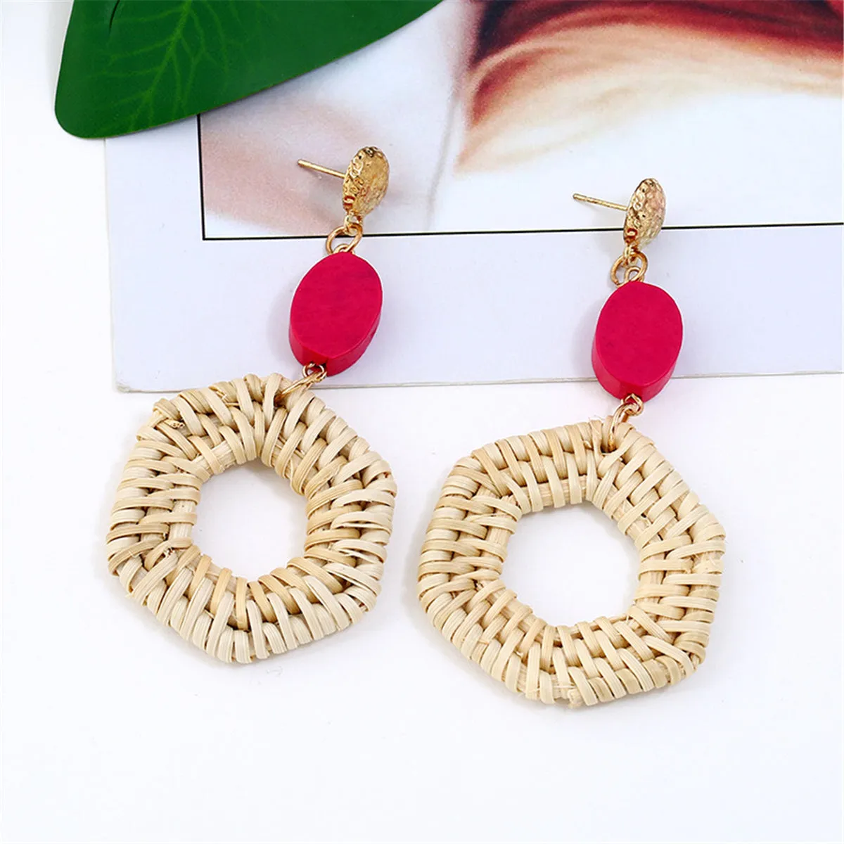 Red Wood & Rattan Hexagonal Drop Earrings