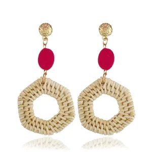 Red Wood & Rattan Hexagonal Drop Earrings