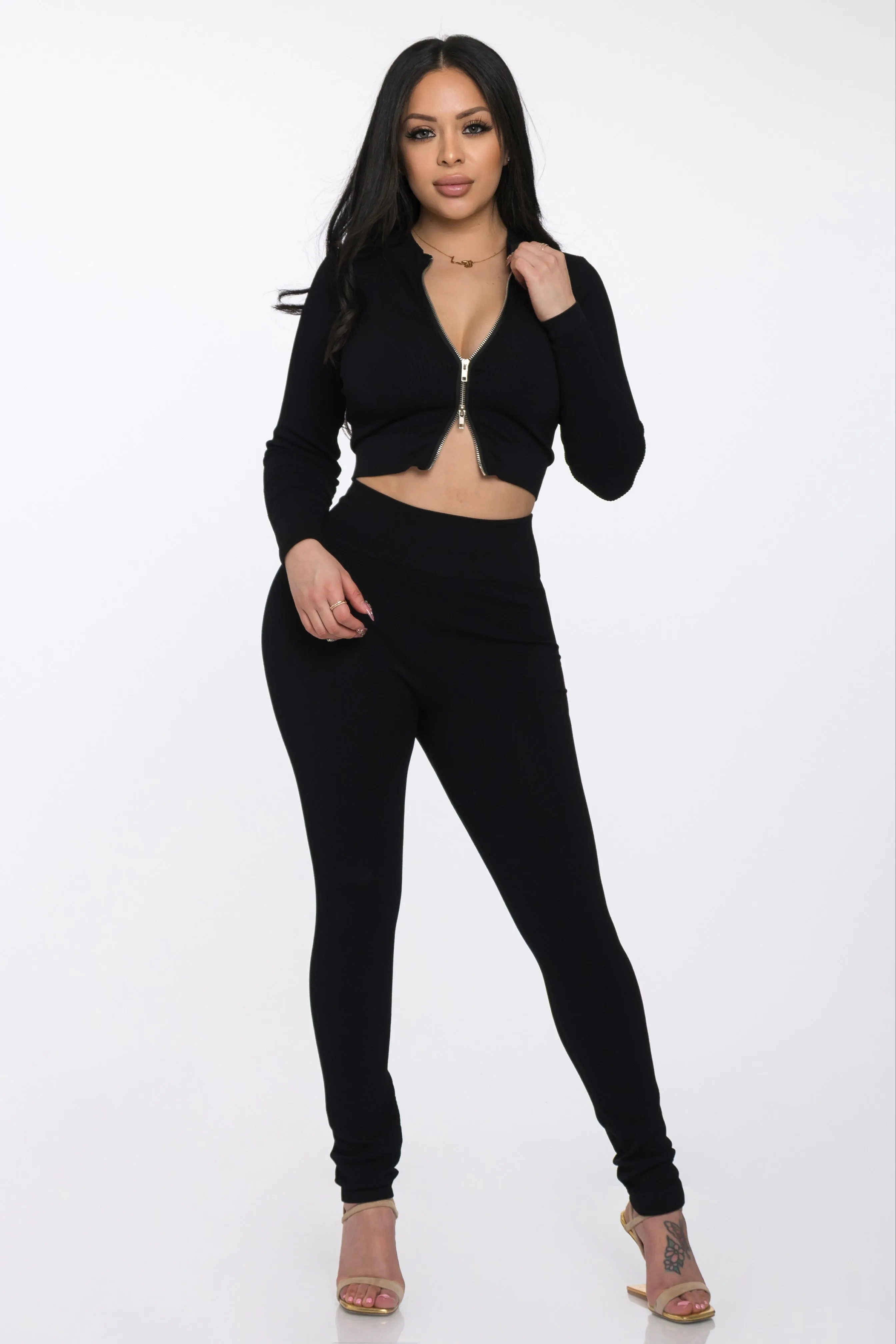 Ribbed Zip Up Crop and Tights