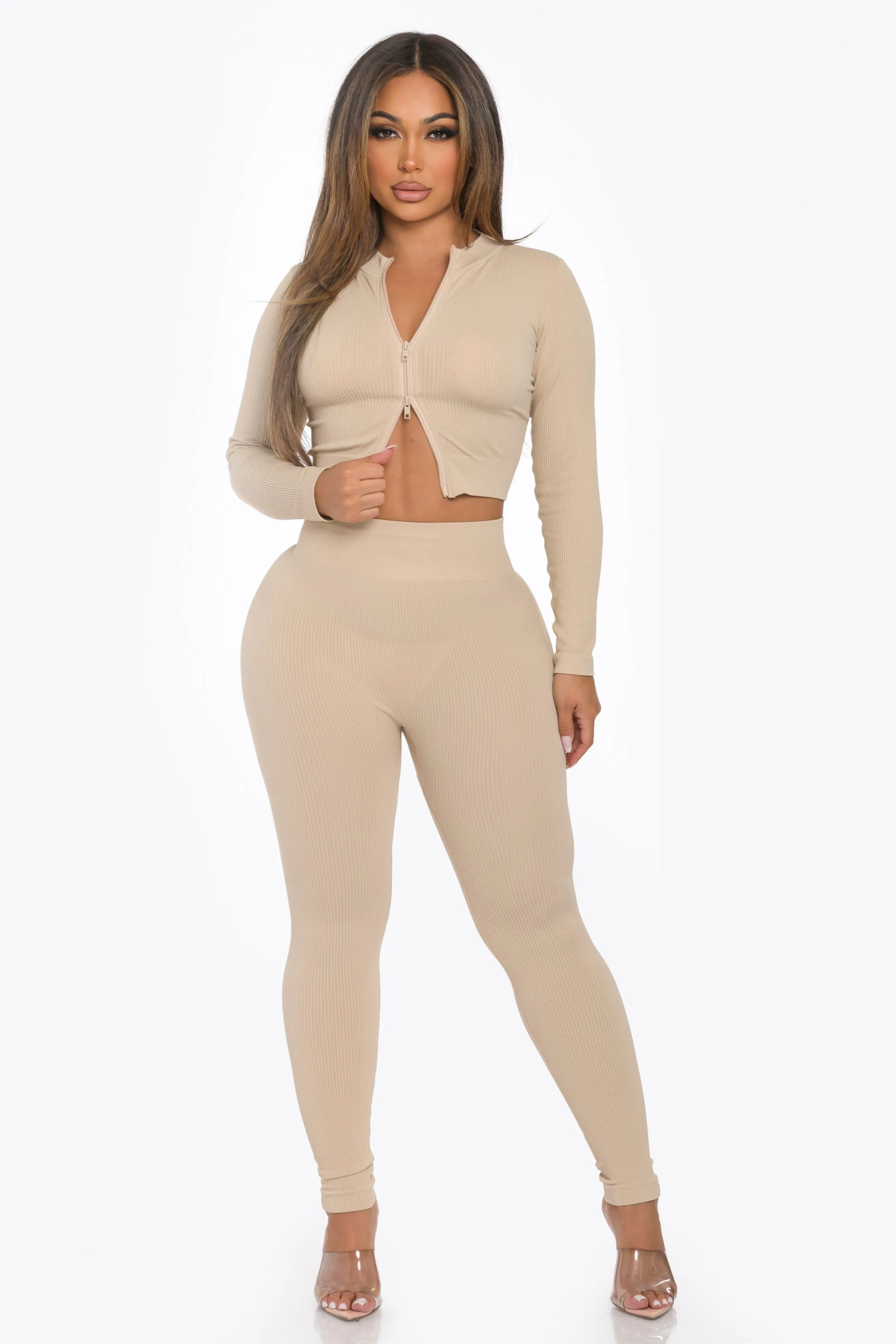 Ribbed Zip Up Crop and Tights