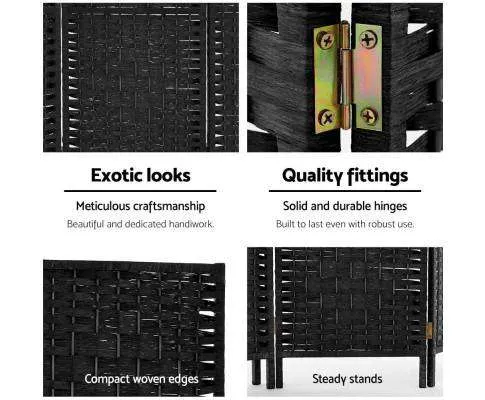 Room Divider 8 Panel Dividers Privacy Screen Rattan Wooden Stand Black