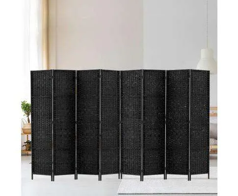 Room Divider 8 Panel Dividers Privacy Screen Rattan Wooden Stand Black