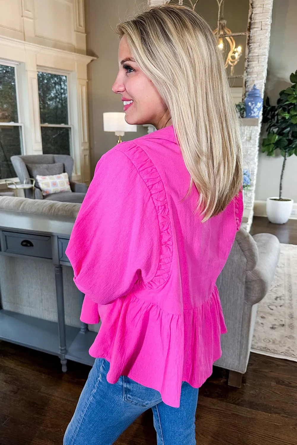 Rose Red Pleated Seam Quarter Zip Collared Peplum Top