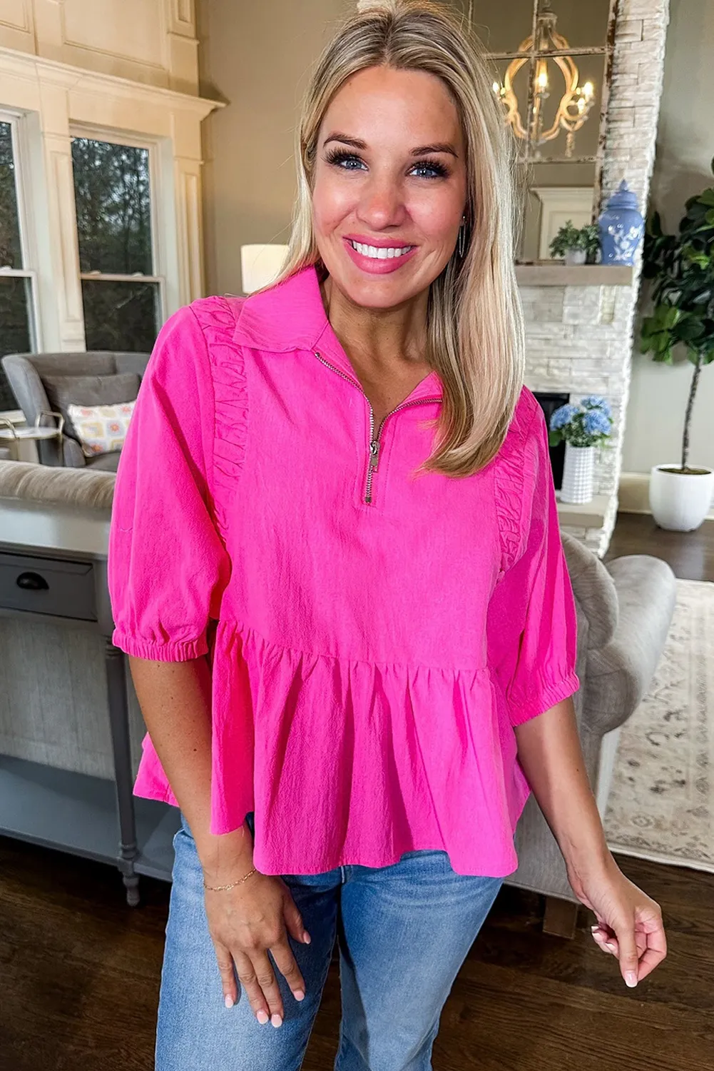 Rose Red Pleated Seam Quarter Zip Collared Peplum Top